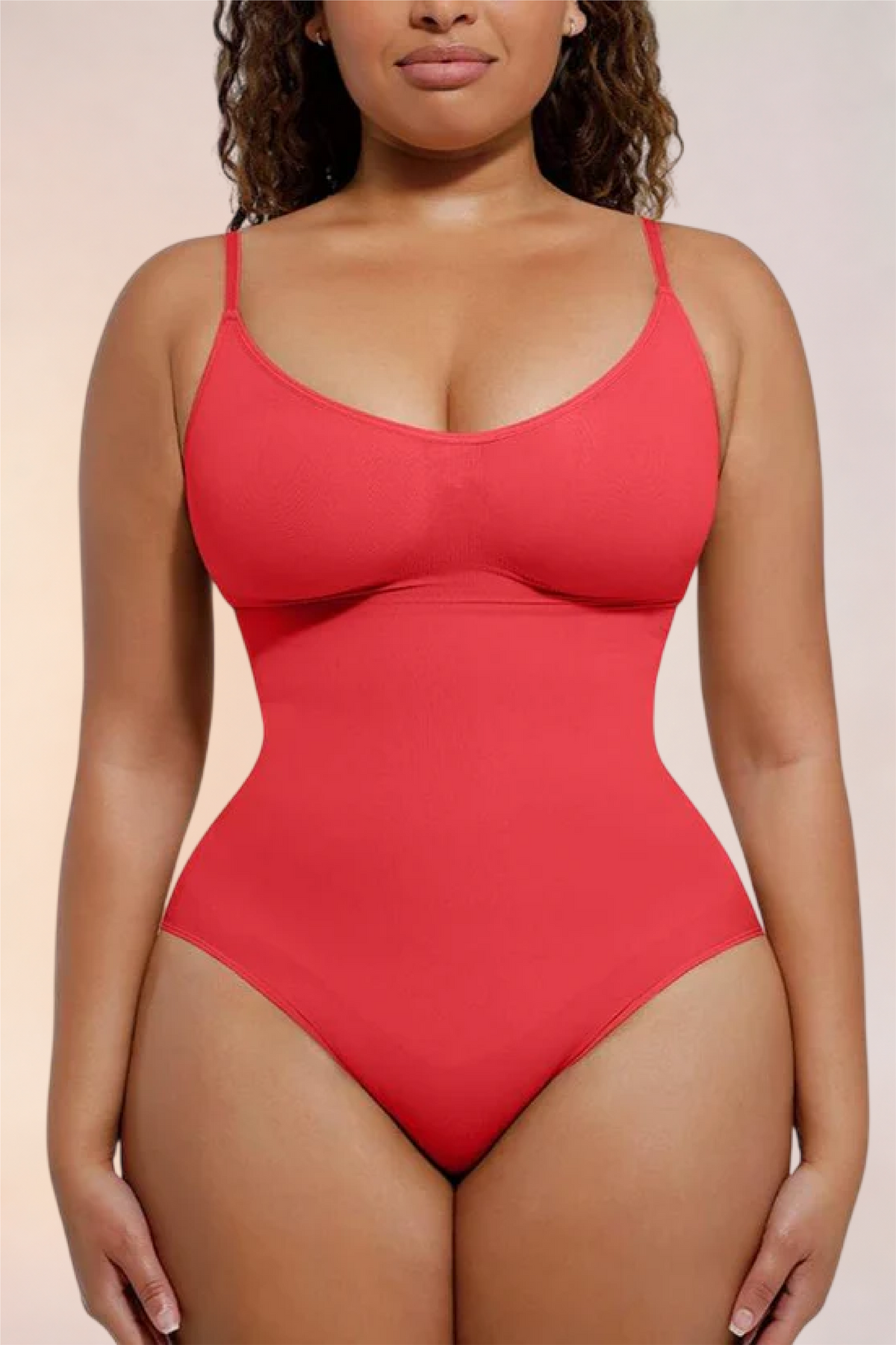 Skinzform Core Brief in Rouge - scoop-neck thong bodysuit, front view on the model