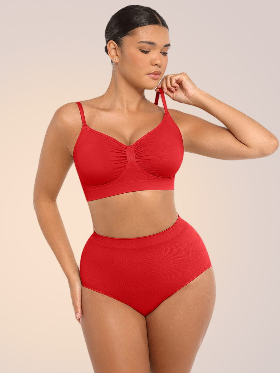 Skinzform Peach Brief in Red worn with a matching bra, half-length front view