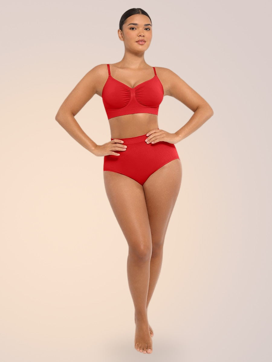 Skinzform Peach Brief in Red - full-length front view with matching bra