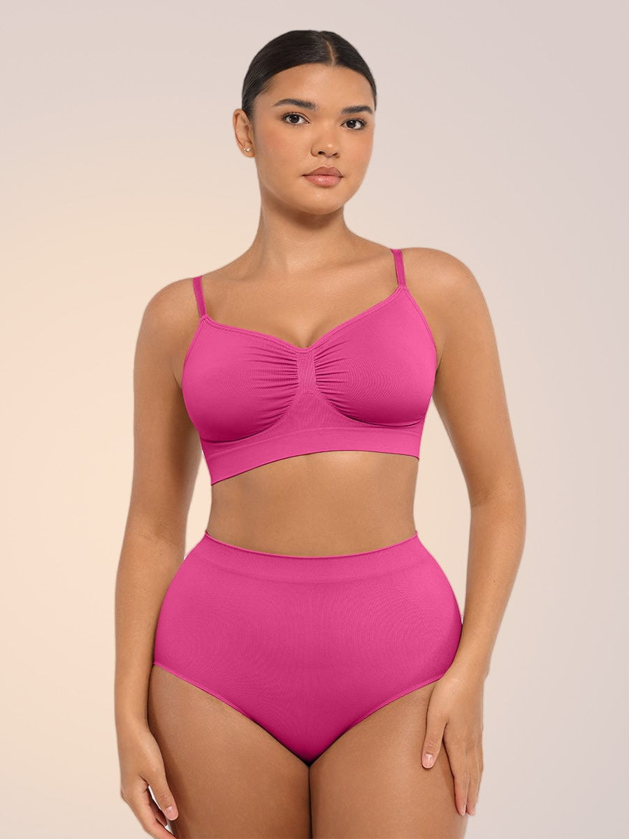 Skinzform Peach Brief in Rose worn with a matching bra, half-length front view