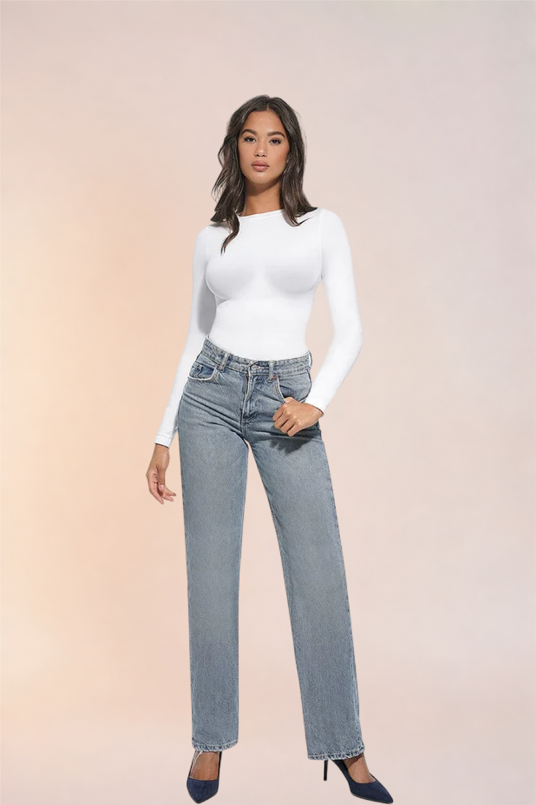 Skinzform Peach Round-Neck Brief in Blanc - long-sleeve round-neck bodysuit, front view on the model