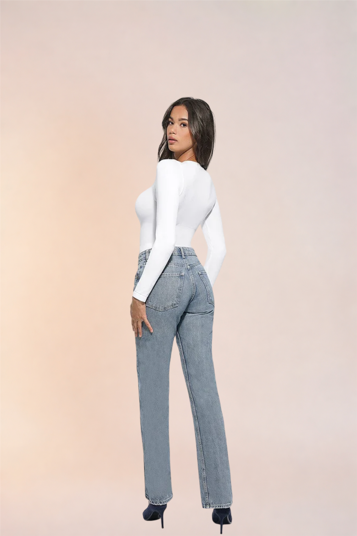 Skinzform Peach Round-Neck Brief in Blanc styled with jeans, full-length back view