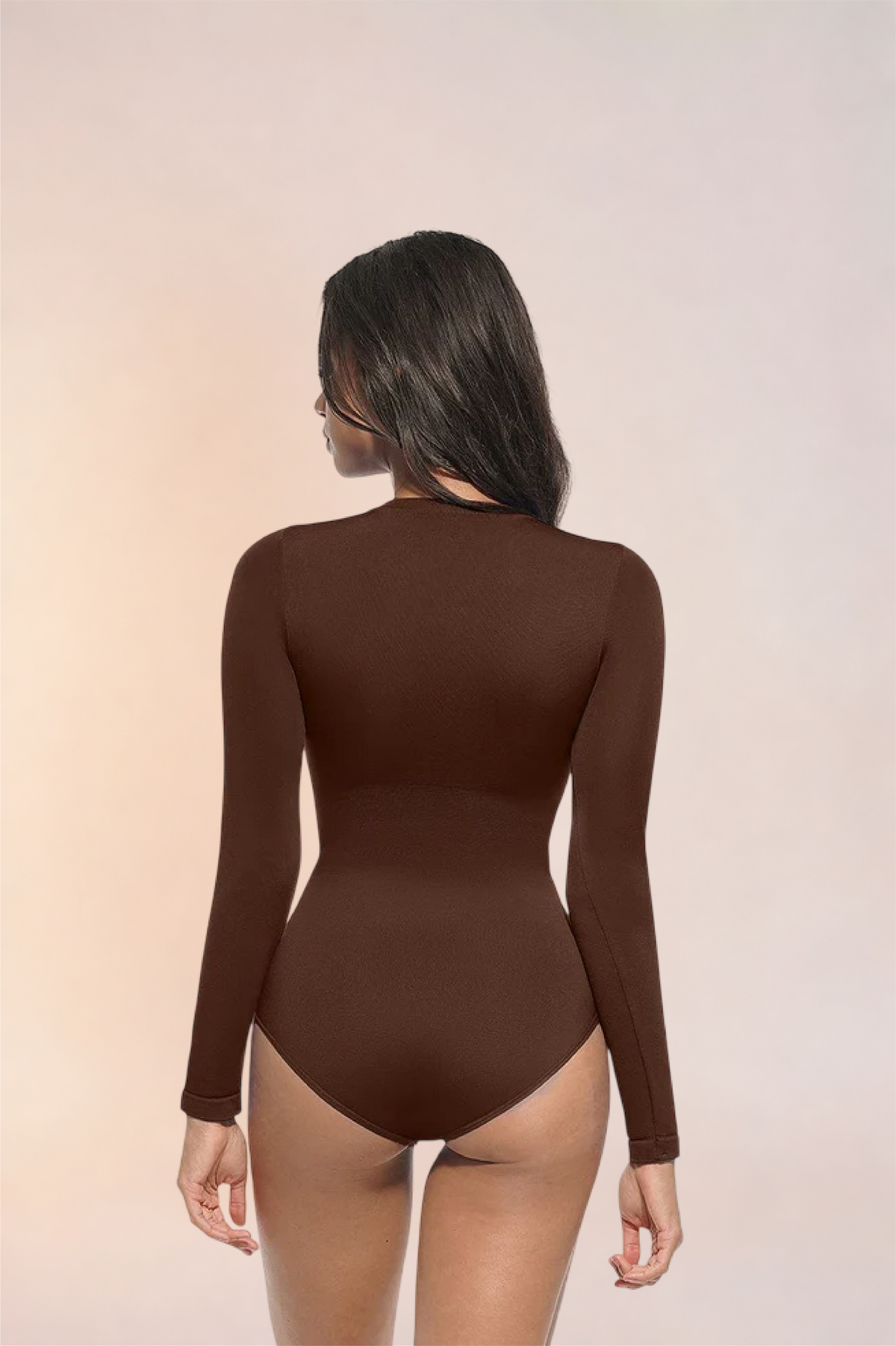 Skinzform Peach Round-Neck Brief in Cacao, back view on the model - thong cut