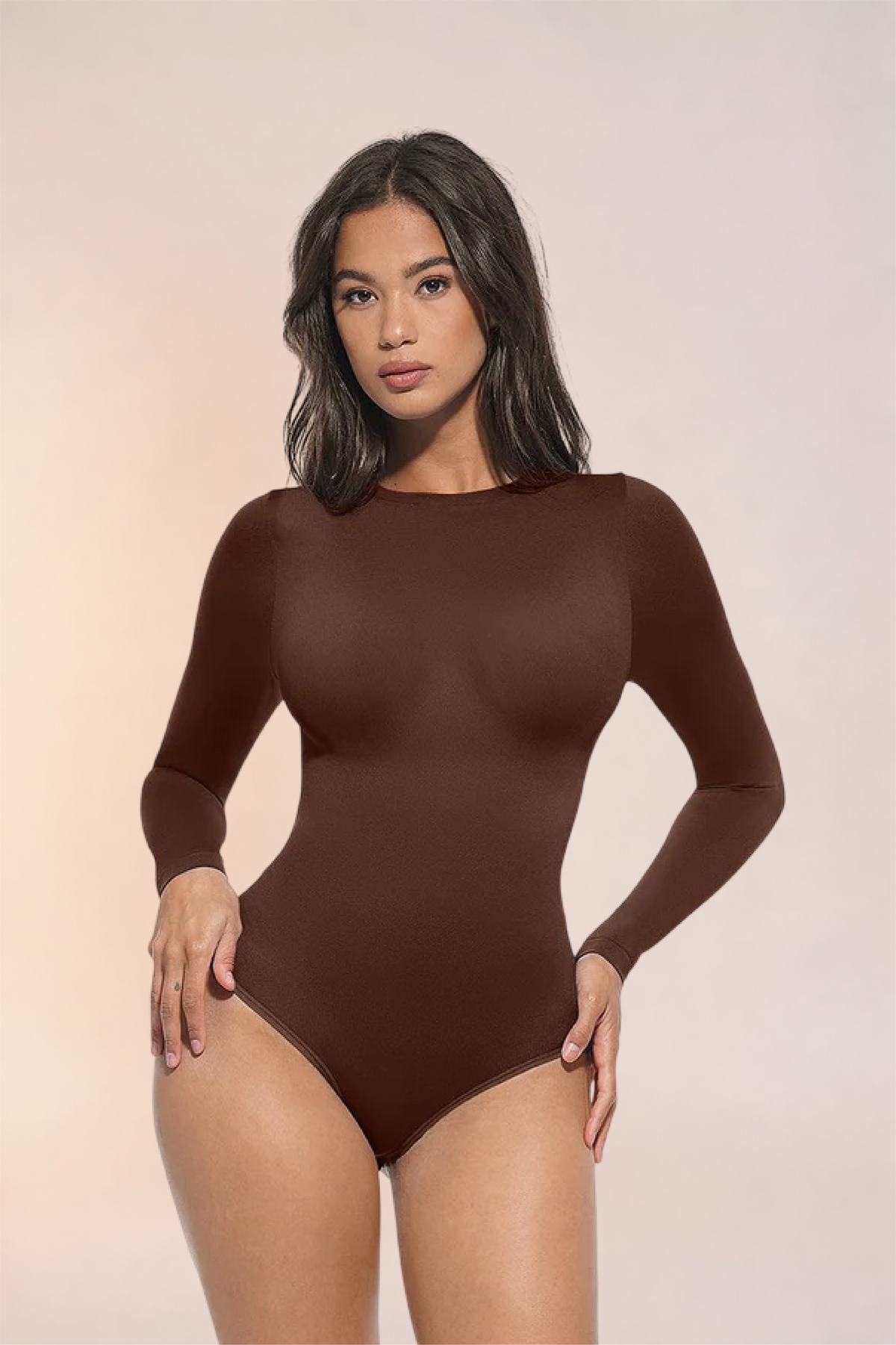 Skinzform Peach Round-Neck Brief in Cacao, front view on the model