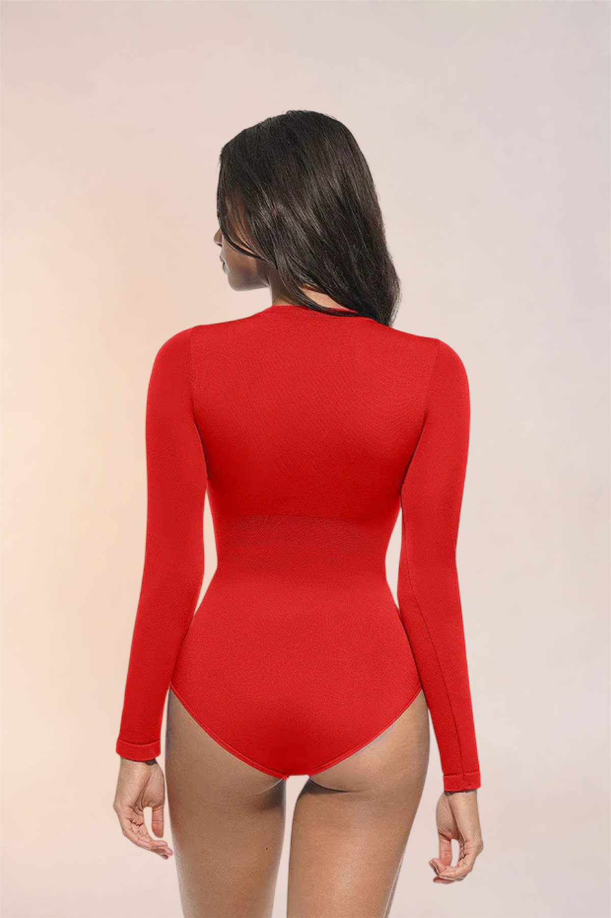 Skinzform Peach Round-Neck Brief in Rouge, angled back view on the model