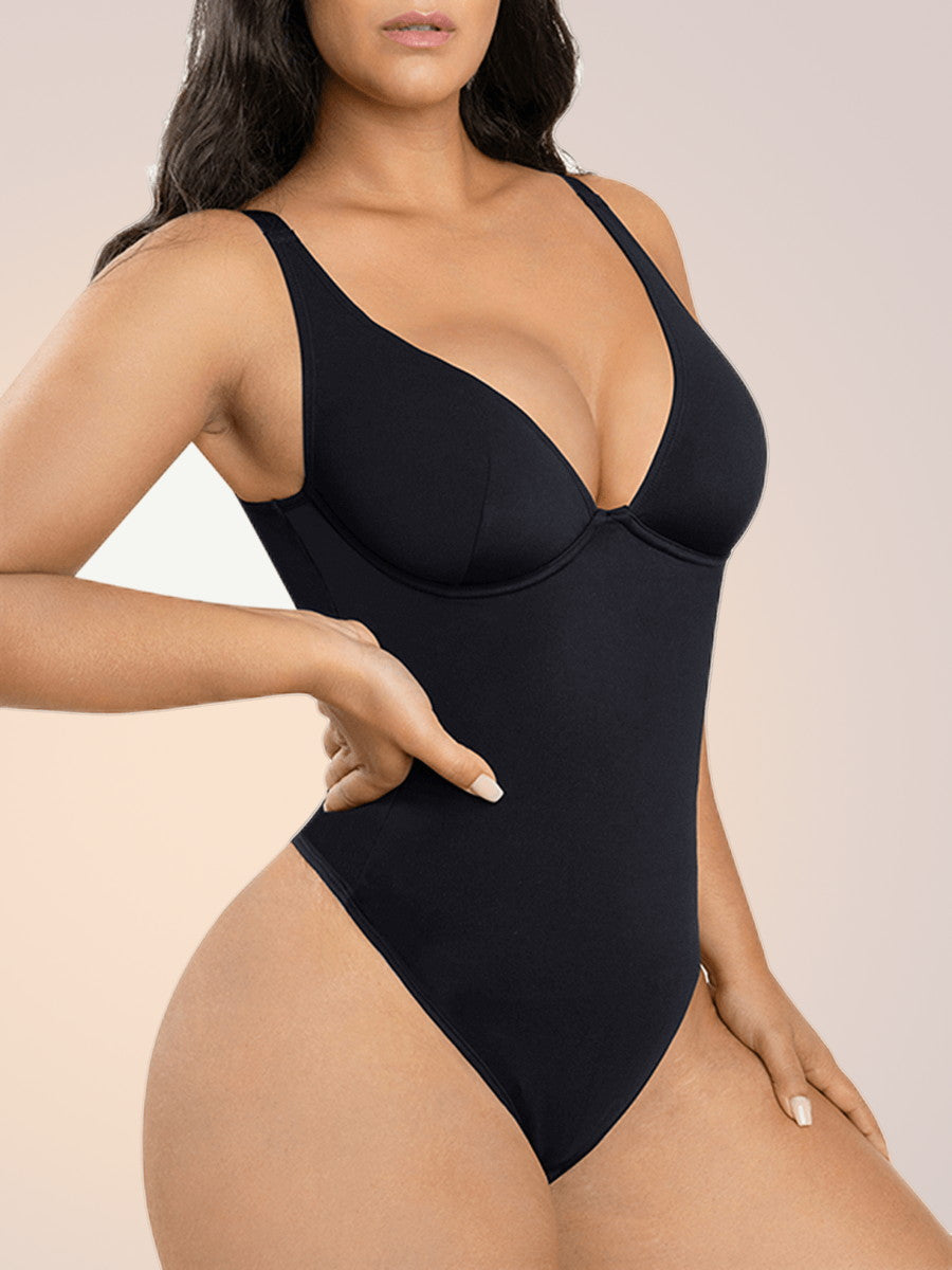 Skinzform Plunge Bodysuit in Noir, angled view - thong cut and smooth front panel