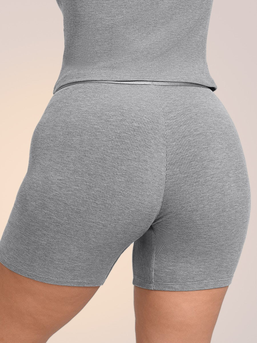 Skinzform Ribbed Shorts in Slate, back view - ribbed fabric with high waistband
