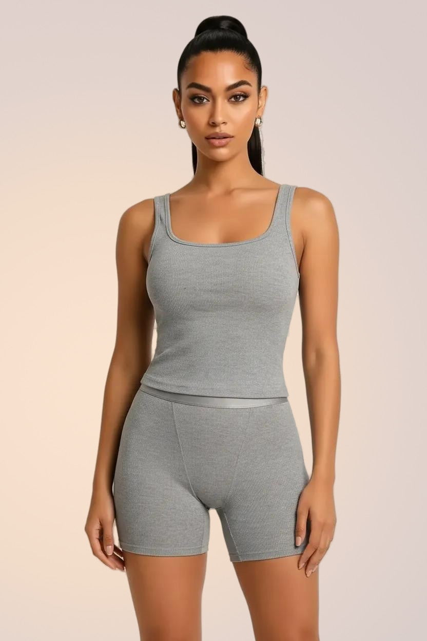 Skinzform Ribbed Tank and matching Ribbed Shorts in Slate, half-length front view