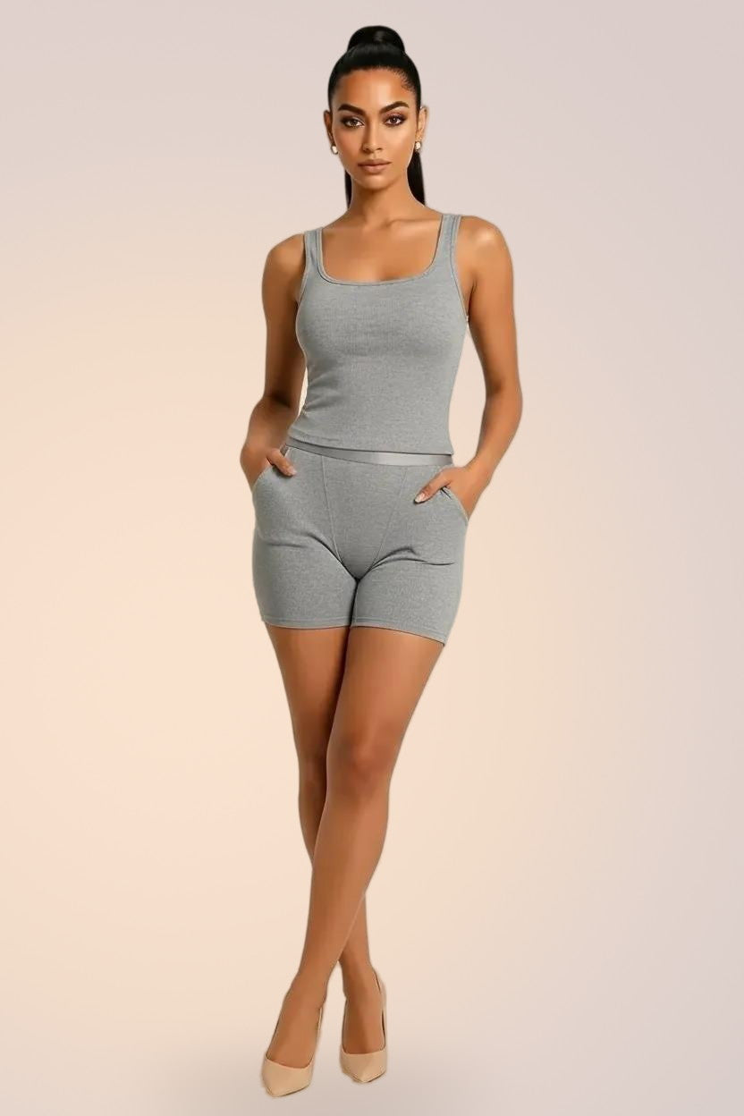 Skinzform Ribbed Tank and matching Ribbed Shorts in Slate, full-length front view