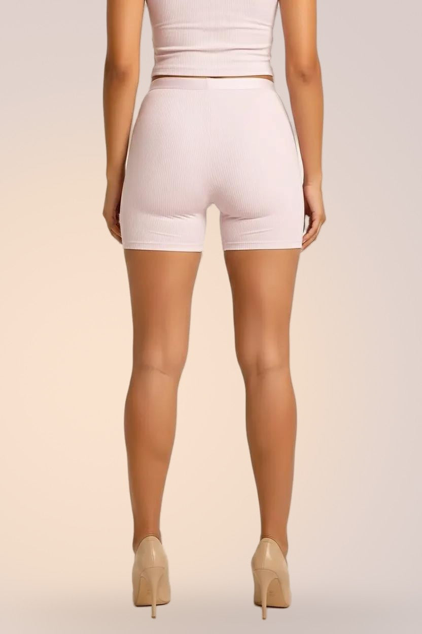 Skinzform Ribbed Tank in Rose styled with matching shorts, back view