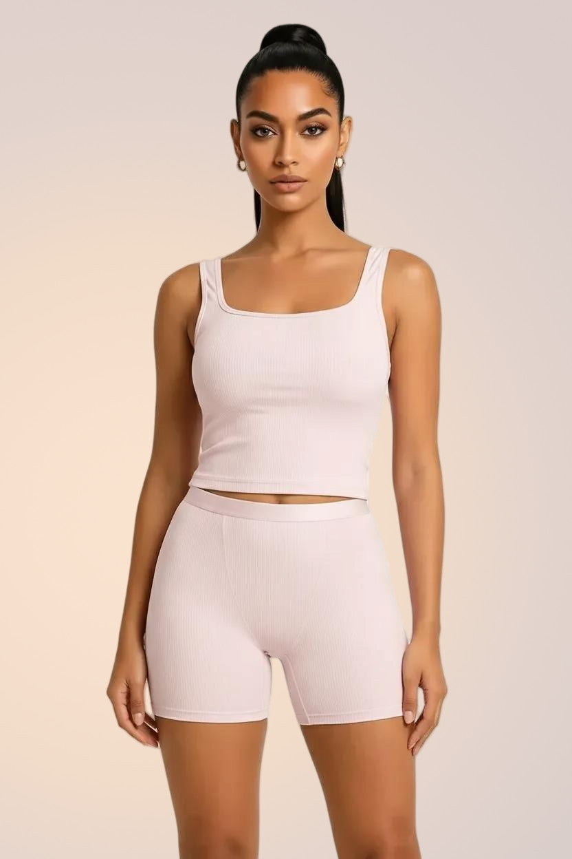 Skinzform Ribbed Tank in Rose styled with matching shorts, half-length front view