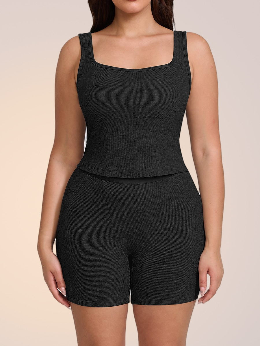 Skinzform Ribbed Tank and matching Ribbed Shorts in Slate, half-length front view