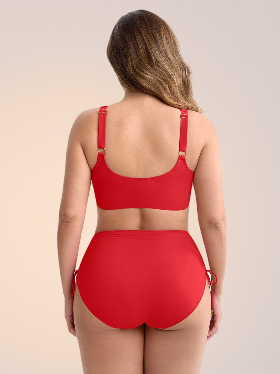 Skinzform Riviera in Red - ring-front top and high-waisted ruched bottom with side tie, front view