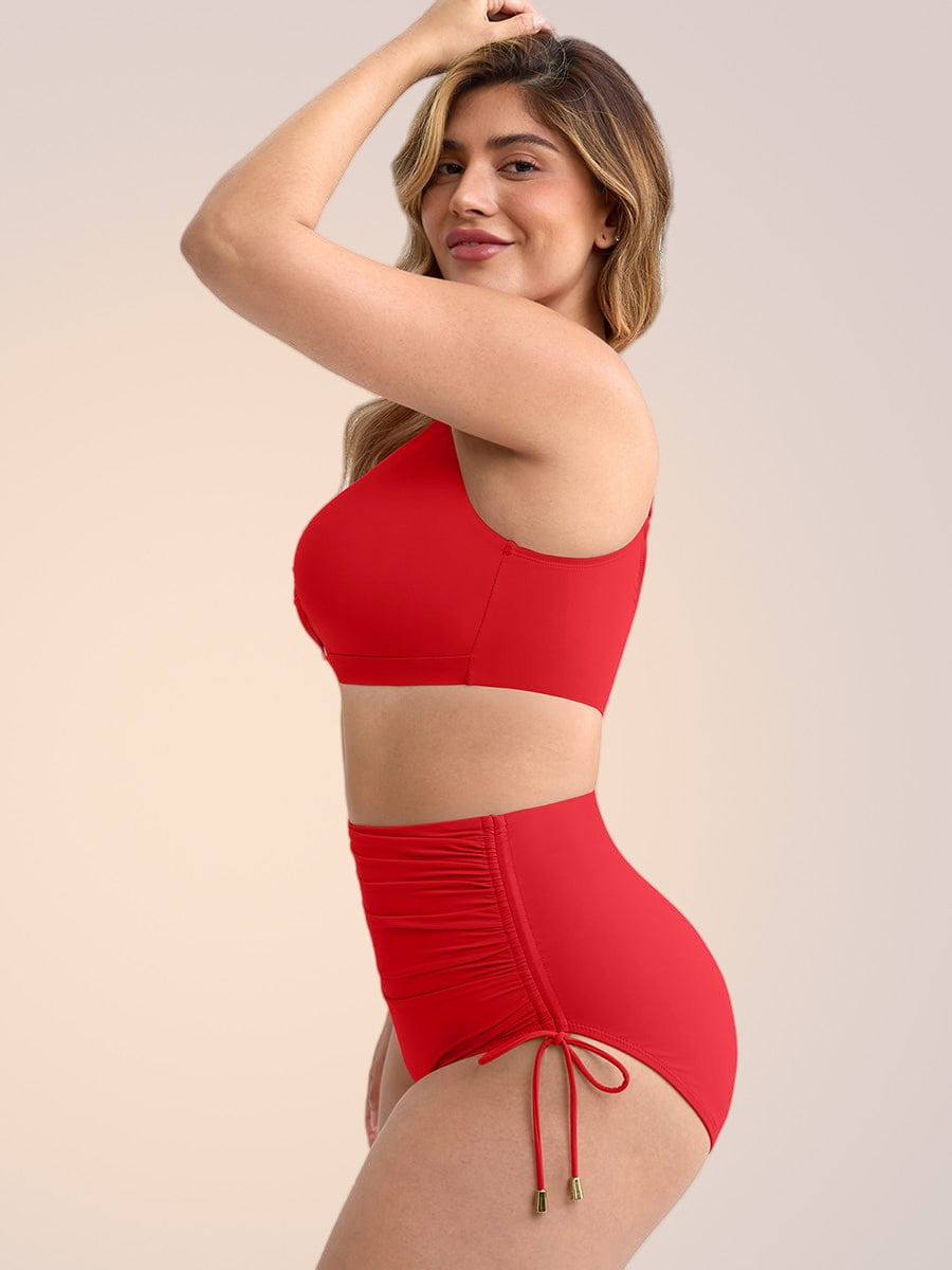Skinzform Riviera in Red, side view - ruched bottom with drawstring at the side