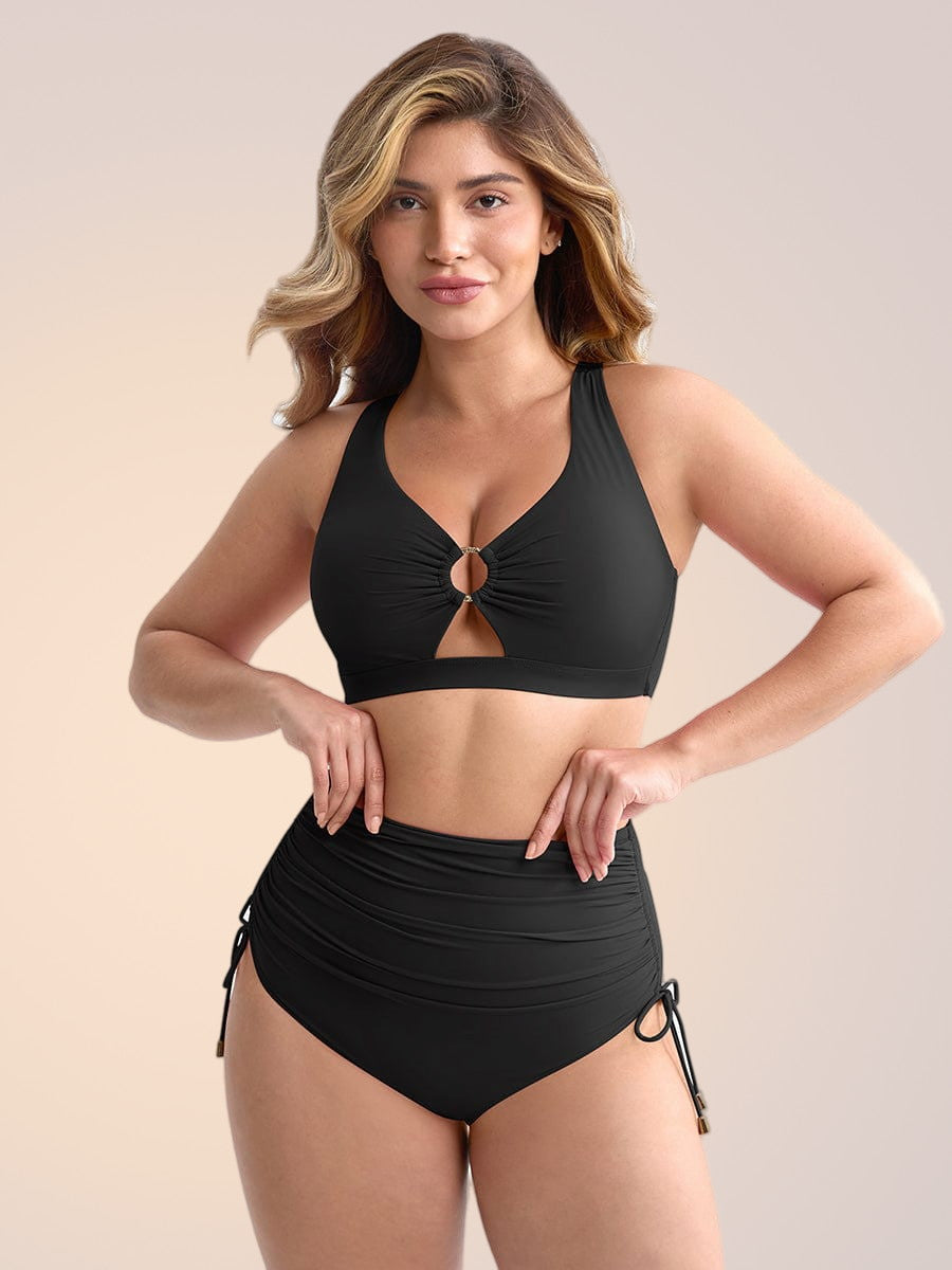 Skinzform Riviera in Noir - ring-front top and high-waisted ruched bottom, front view