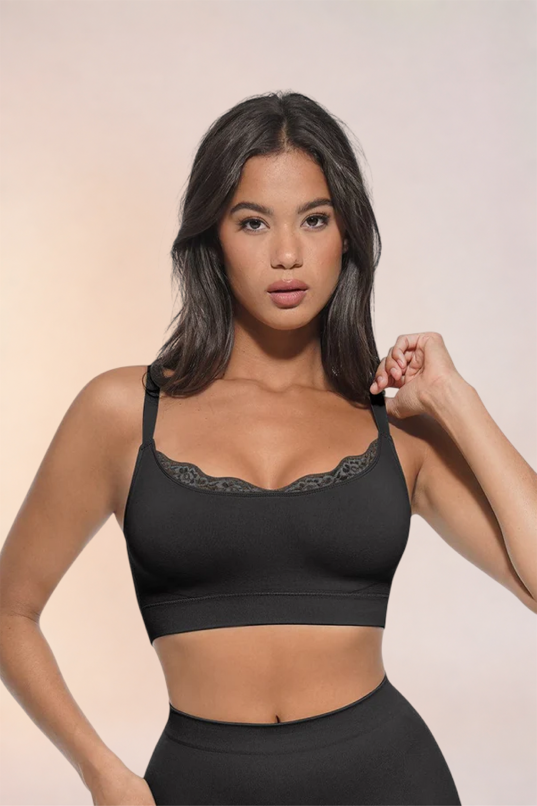 Skinzform Scoop Bralette in Noir - lace-trimmed bralette worn with matching bottoms, half-length front view