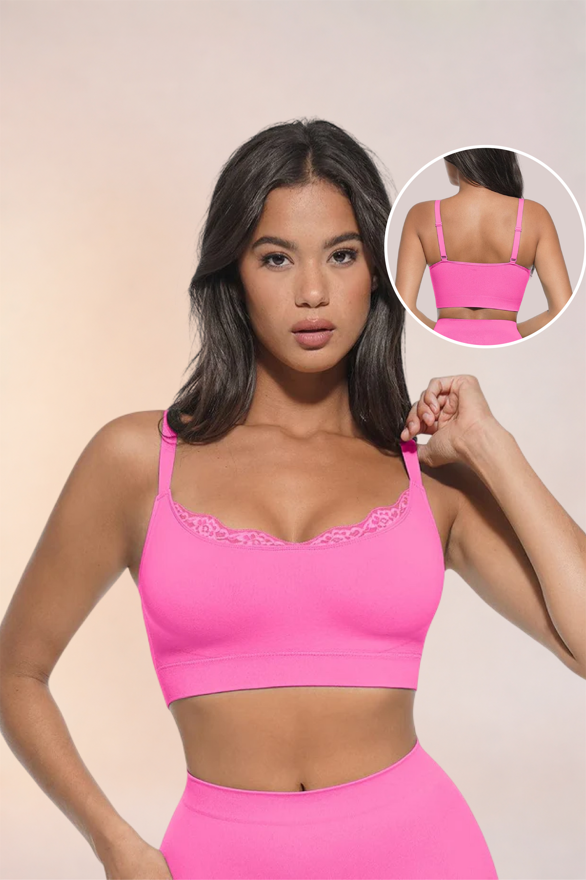 Skinzform Scoop Bralette in Pink, front view with an inset detail of the back