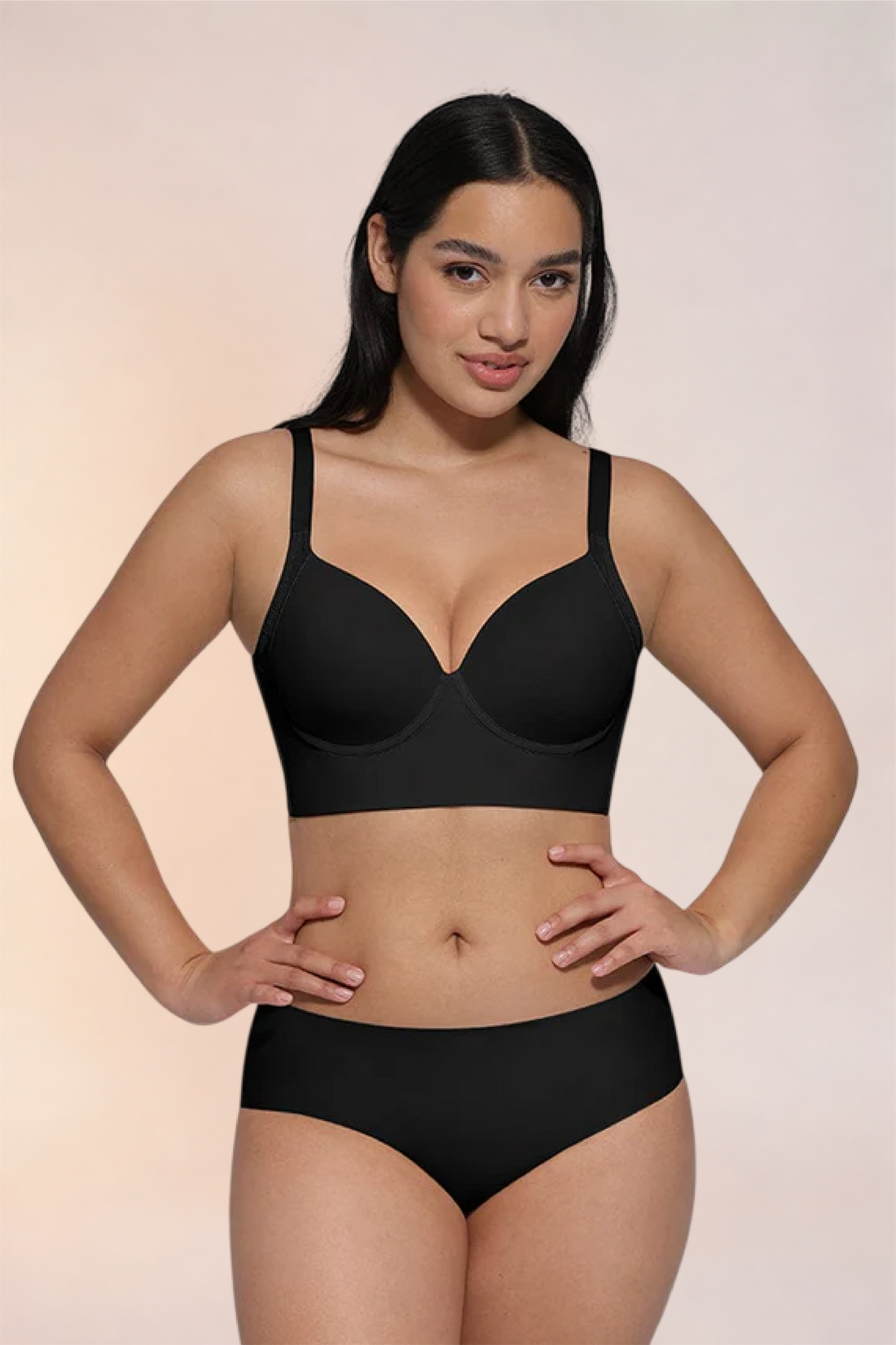 Skinzform Sculpt Bra in Noir - longline bra with a wide back band, worn with matching briefs