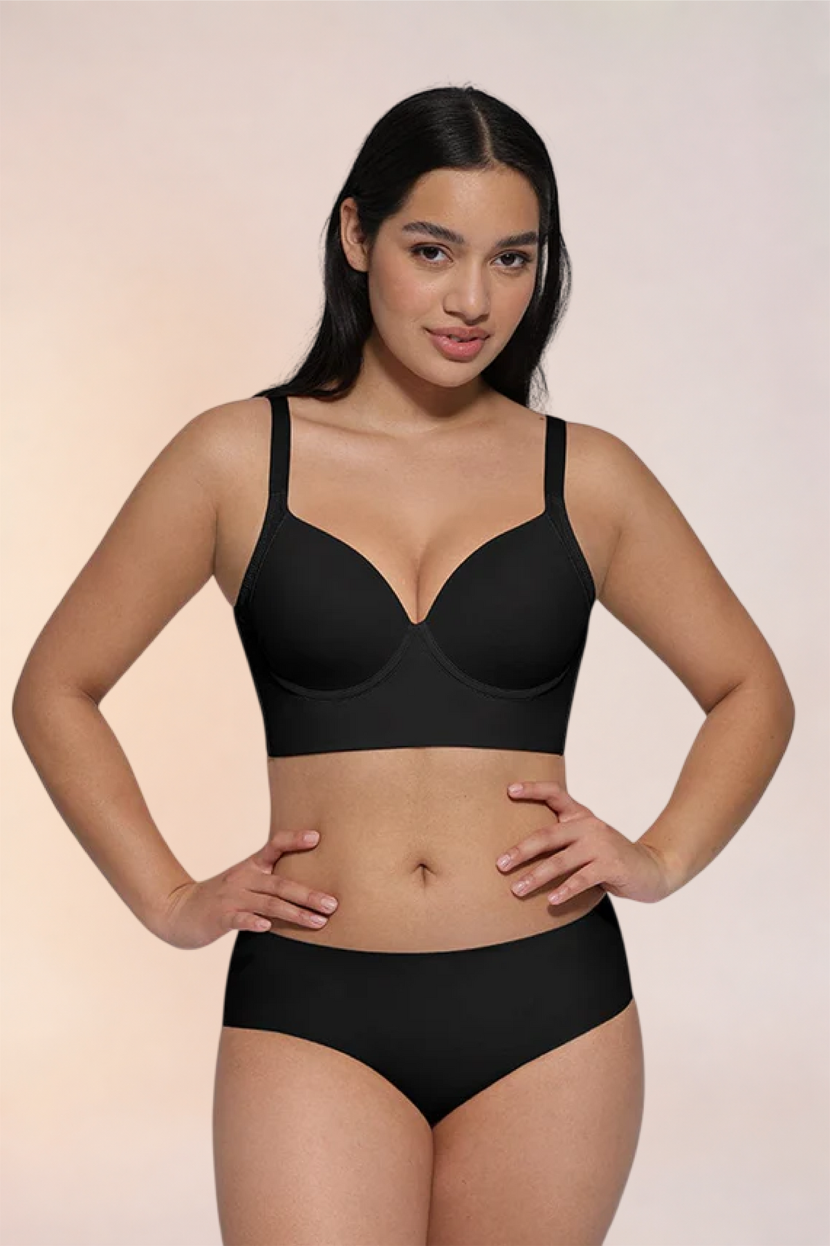Skinzform Sculpt Bra in Noir - longline bra with a wide back band, worn with matching briefs