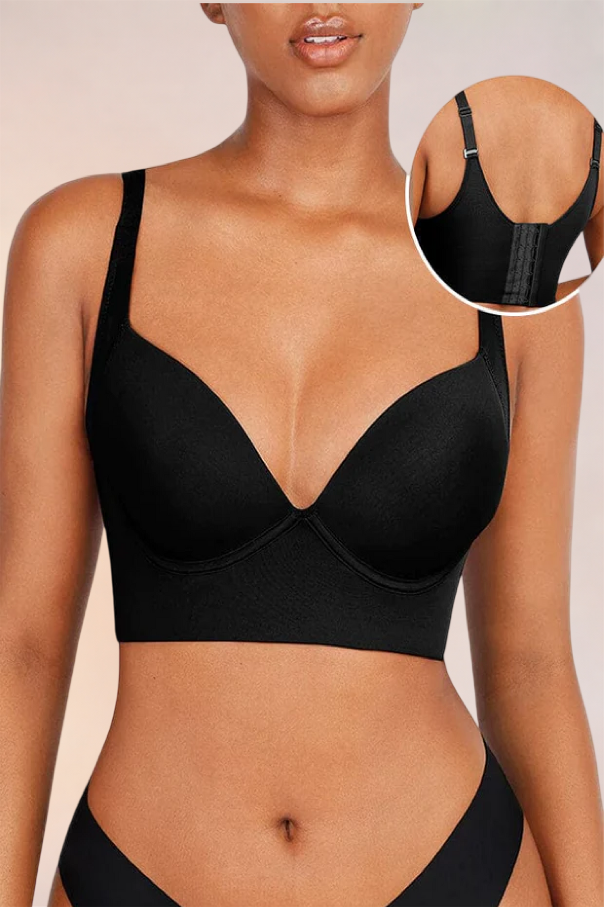 Skinzform Sculpt Bra in Noir, front view with an inset detail of the back band