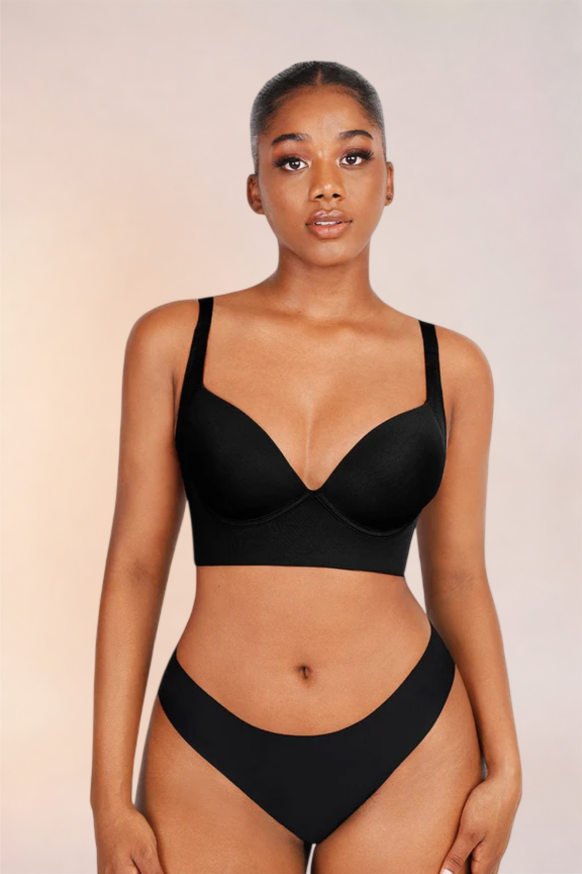 Skinzform Sculpt Bra in Noir worn with matching briefs, full front view on the model