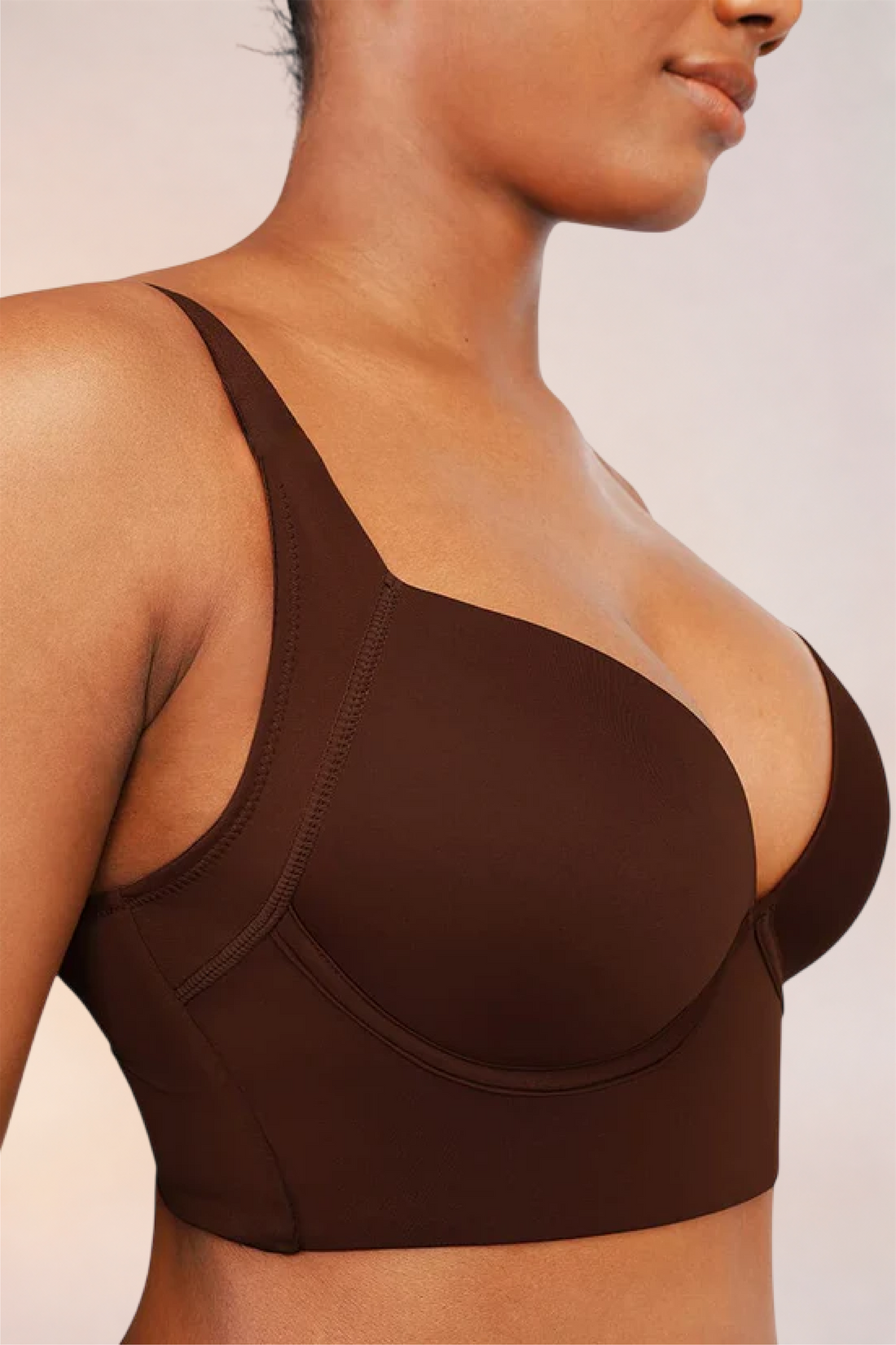 Skinzform Sculpt Bra – Cacao - back view with a hand at the head, worn with matching briefs