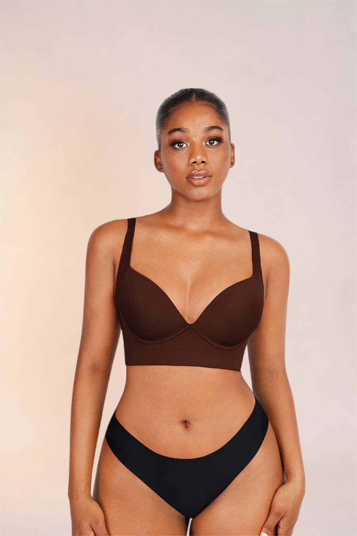 Skinzform Sculpt Bra – Cacao worn with black briefs, front view on the model