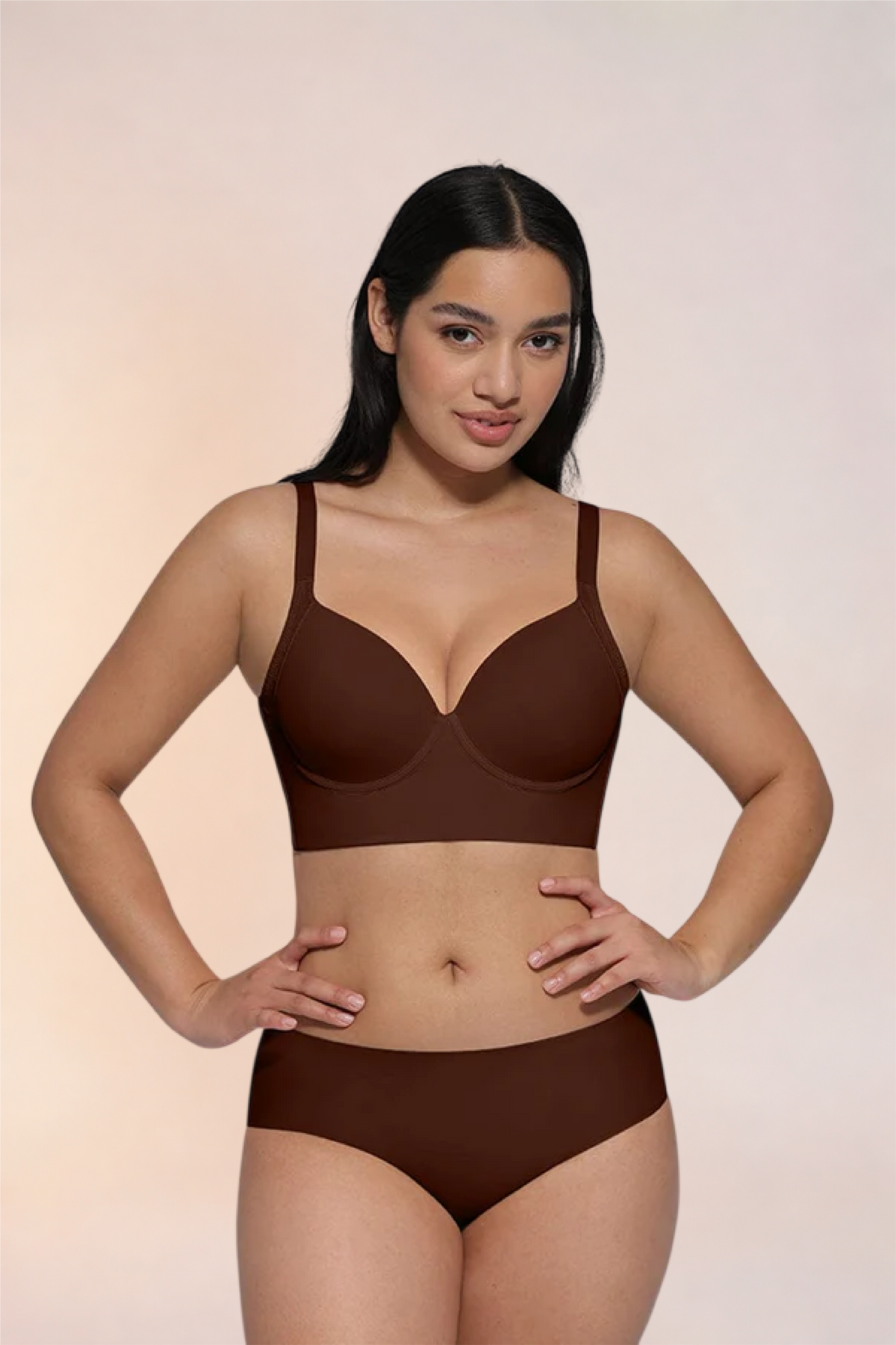 Skinzform Sculpt Bra – Cacao worn with matching briefs, front view with both hands at the hips