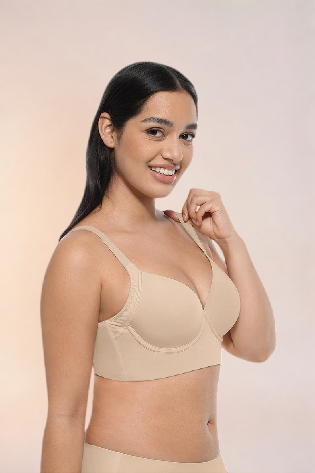 Skinzform Sculpt Bra – Nude - half-length front view with a hand at the shoulder