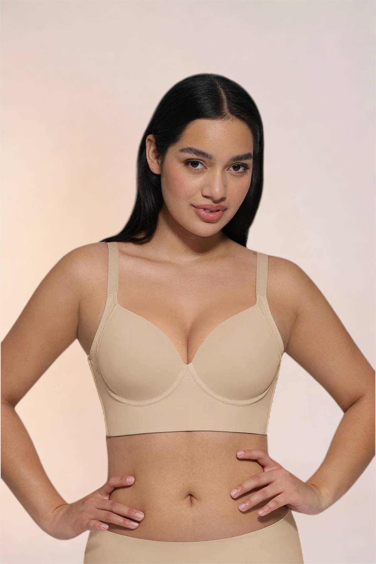 Skinzform Sculpt Bra – Nude worn with matching briefs, front view with hands at the waist