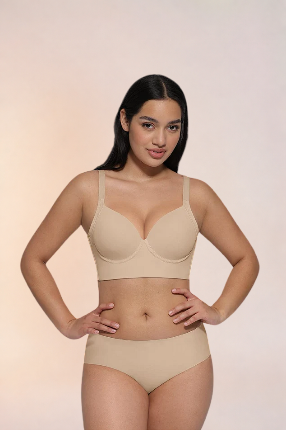 Skinzform Sculpt Bra – Nude worn with matching briefs, front view with both hands at the hips