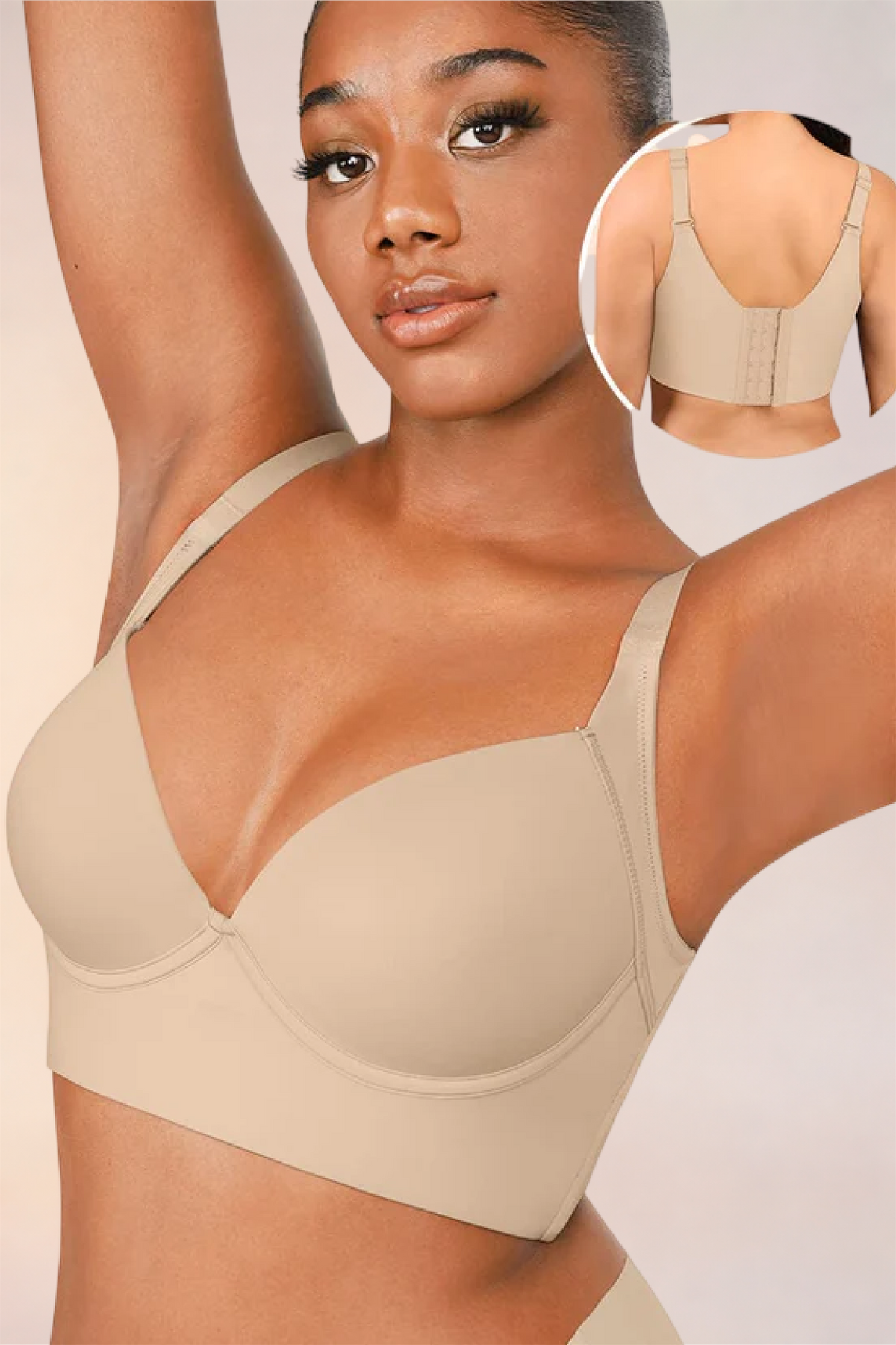 Skinzform Sculpt Bra – Nude, front view with an inset detail of the back band