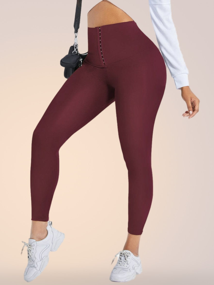 Skinzform Sculpt Leggings in Maroon - high-waisted leggings with hook-and-eye waistband, side view