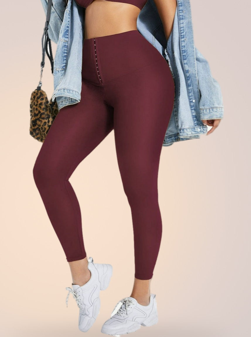 Skinzform Sculpt Leggings in Maroon styled with a denim jacket, front view