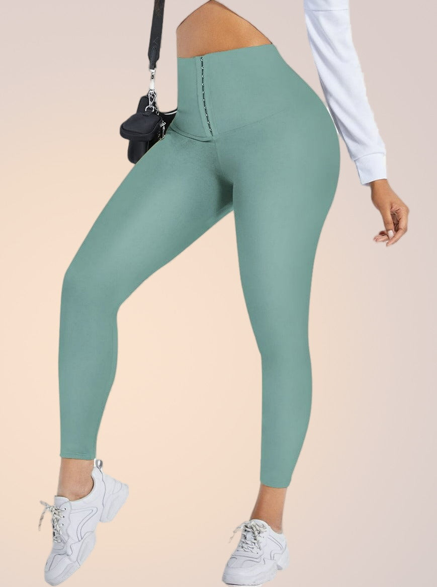 Skinzform Sculpt Leggings in Sage - high-waisted leggings with hook-and-eye waistband, side view