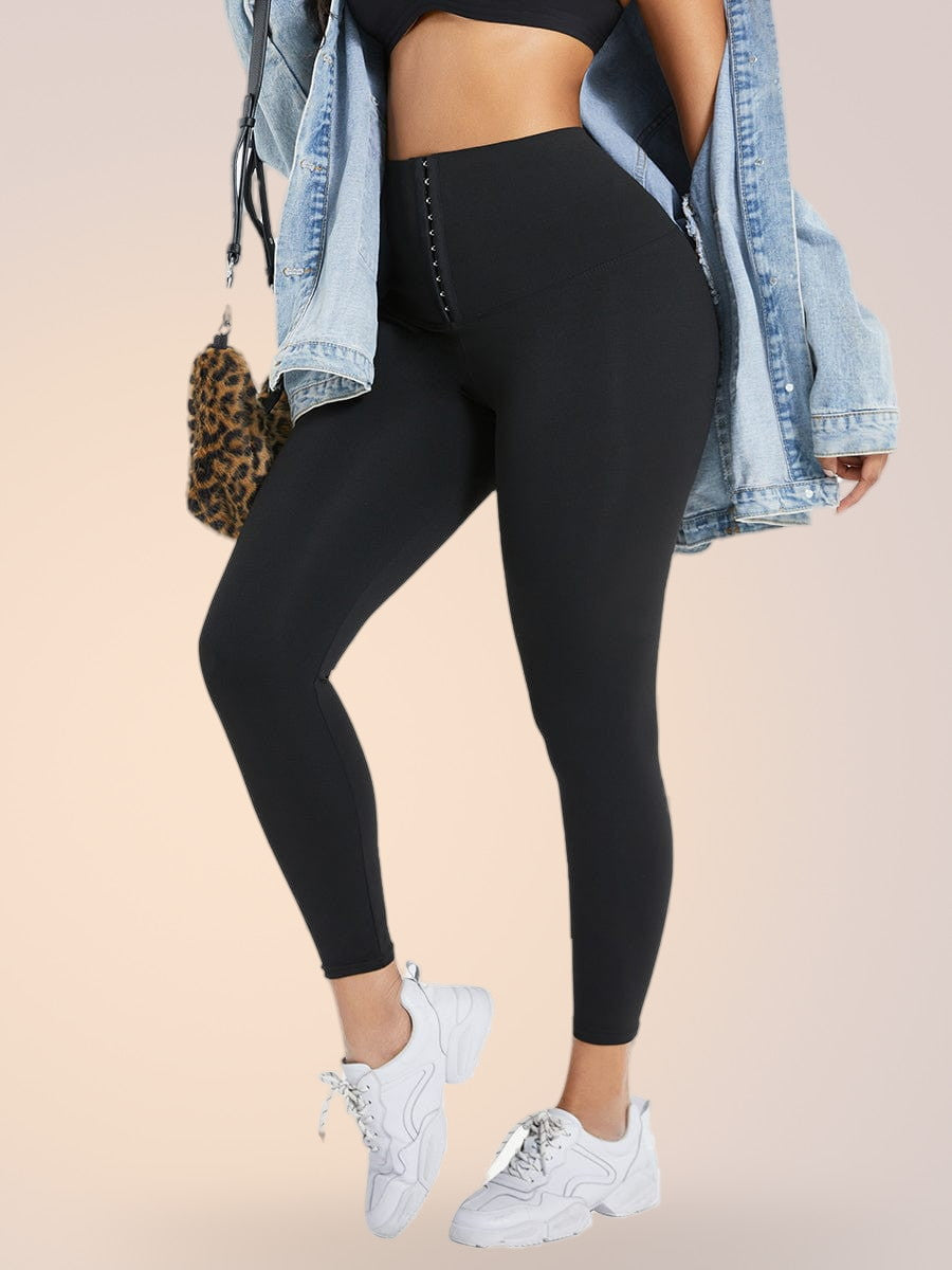 Skinzform Sculpt Leggings in Noir styled with a denim jacket, side view