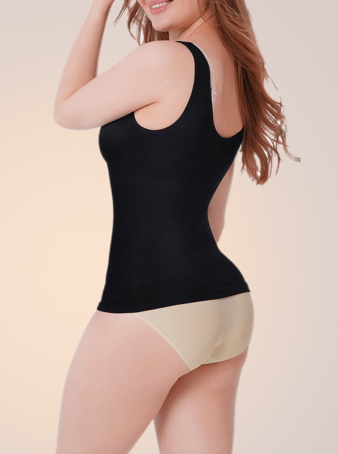 Skinzform Shape Vest in Noir, angled back view - wide straps and scoop back