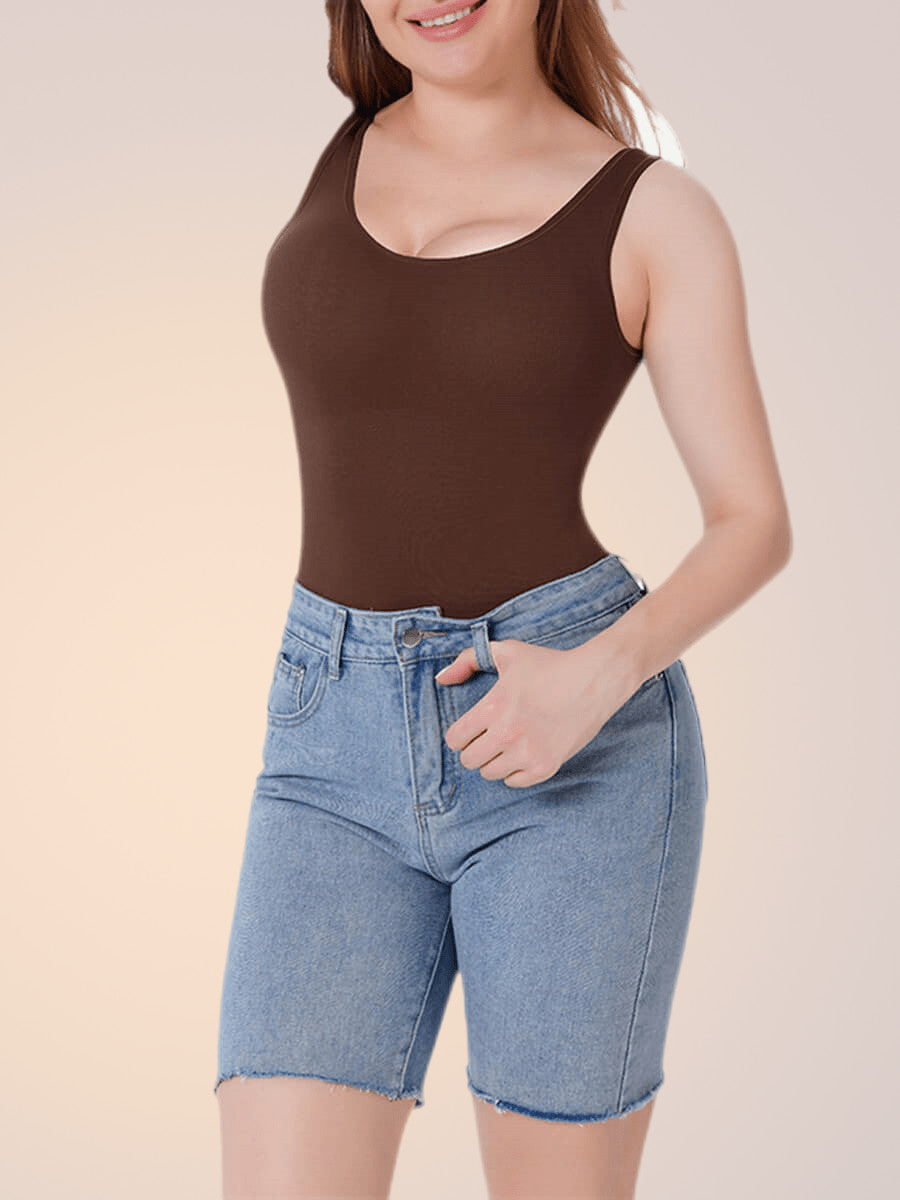 Skinzform Shape Vest in Cacao styled with denim shorts, front view