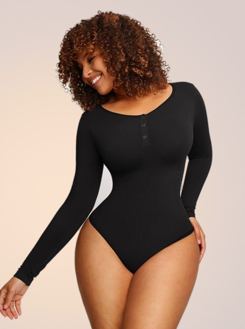Skinzform Sleek Bodysuit in Noir - long-sleeve bodysuit with snap placket, front view