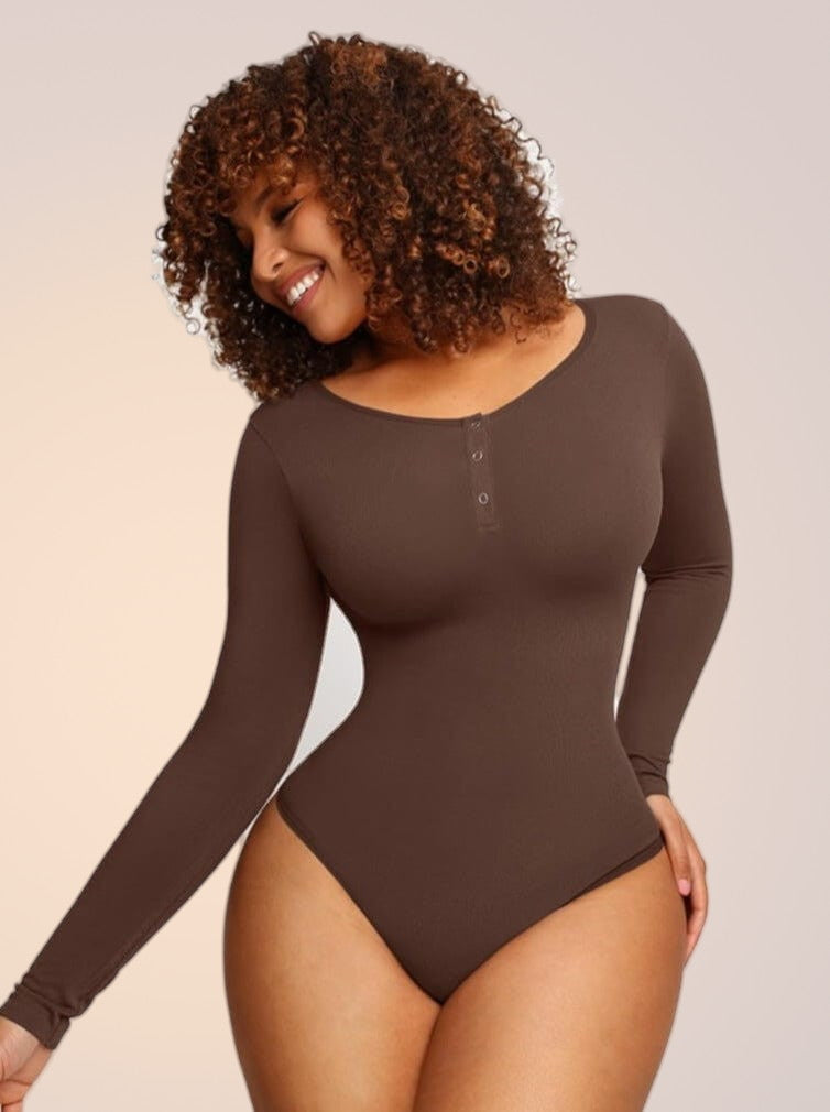 Skinzform Sleek Bodysuit in Noir - long-sleeve bodysuit with snap placket, front view