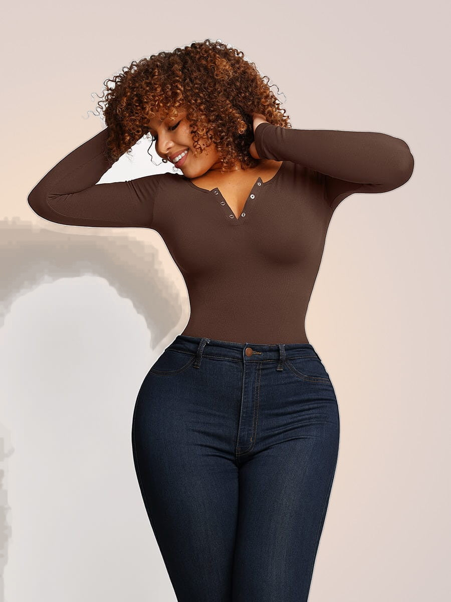 Skinzform Sleek Bodysuit in Cacao styled with jeans, front view