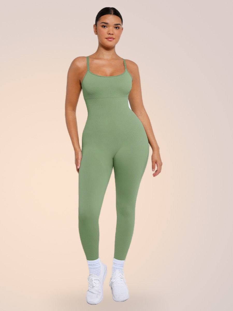 Skinzform Sling Jumpsuit in Sage - full-length jumpsuit with spaghetti straps, front view