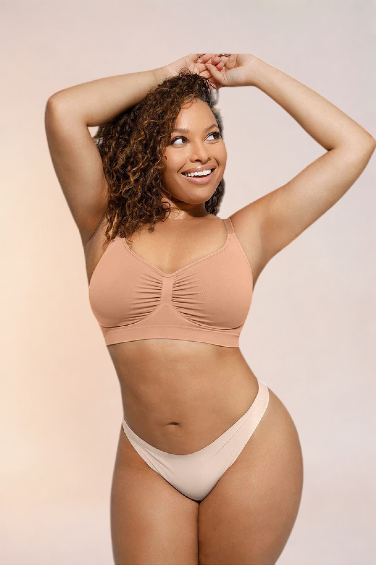 Skinzform Soutien Bra in Beige - wireless bralette with ruched centre, half-length front view