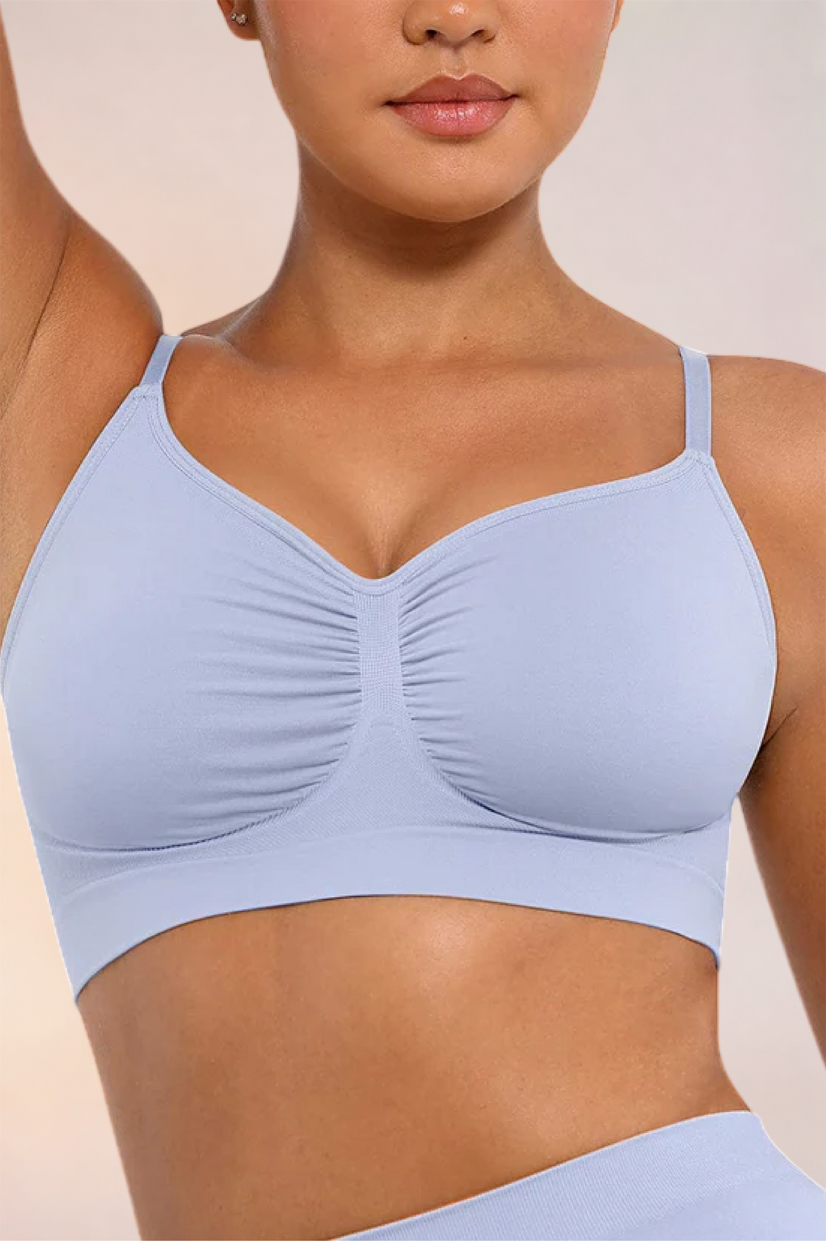 Close-up of the ruched centre front on the Skinzform Soutien Bra in Lavender