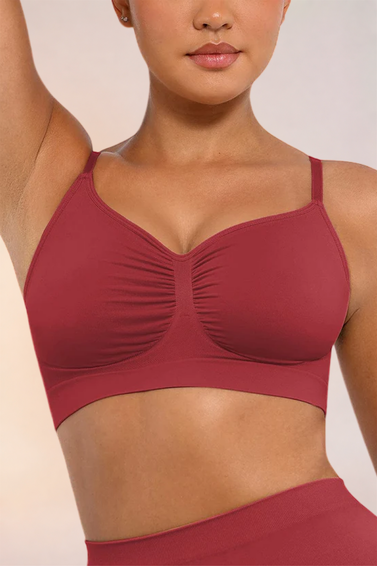 Close-up of the ruched centre front on the Skinzform Soutien Bra in Maroon