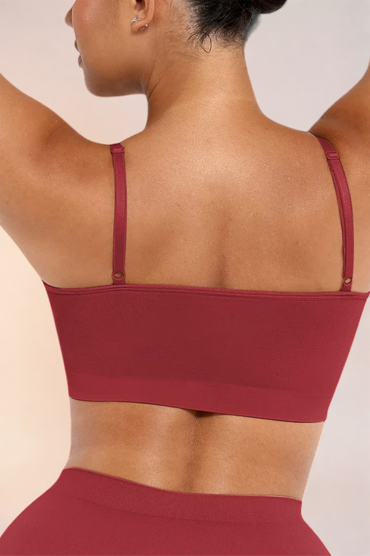 Close-up of the back band and adjustable straps on the Skinzform Soutien Bra in Maroon