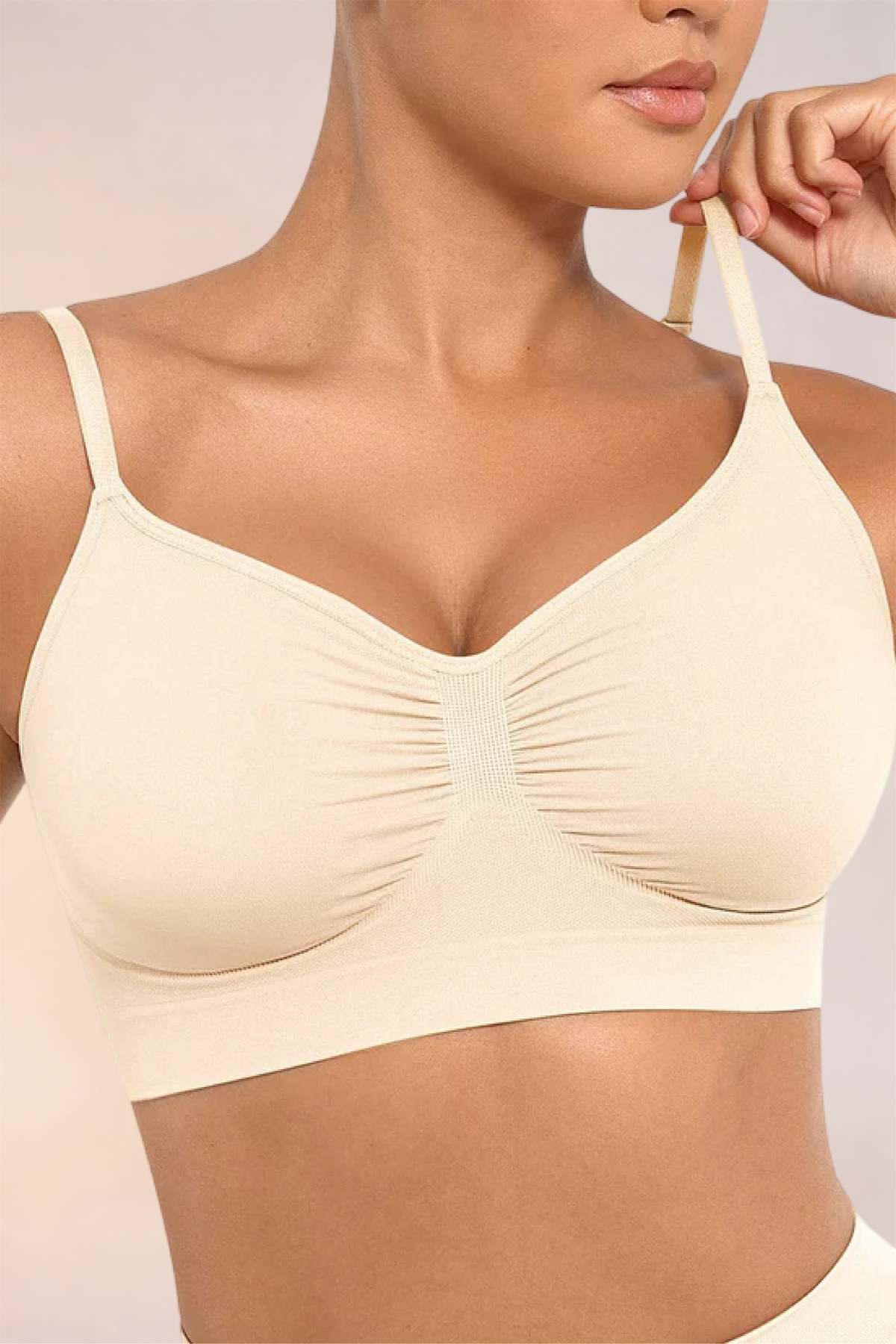 Close-up of the ruched centre front on the Skinzform Soutien Bra in Nude
