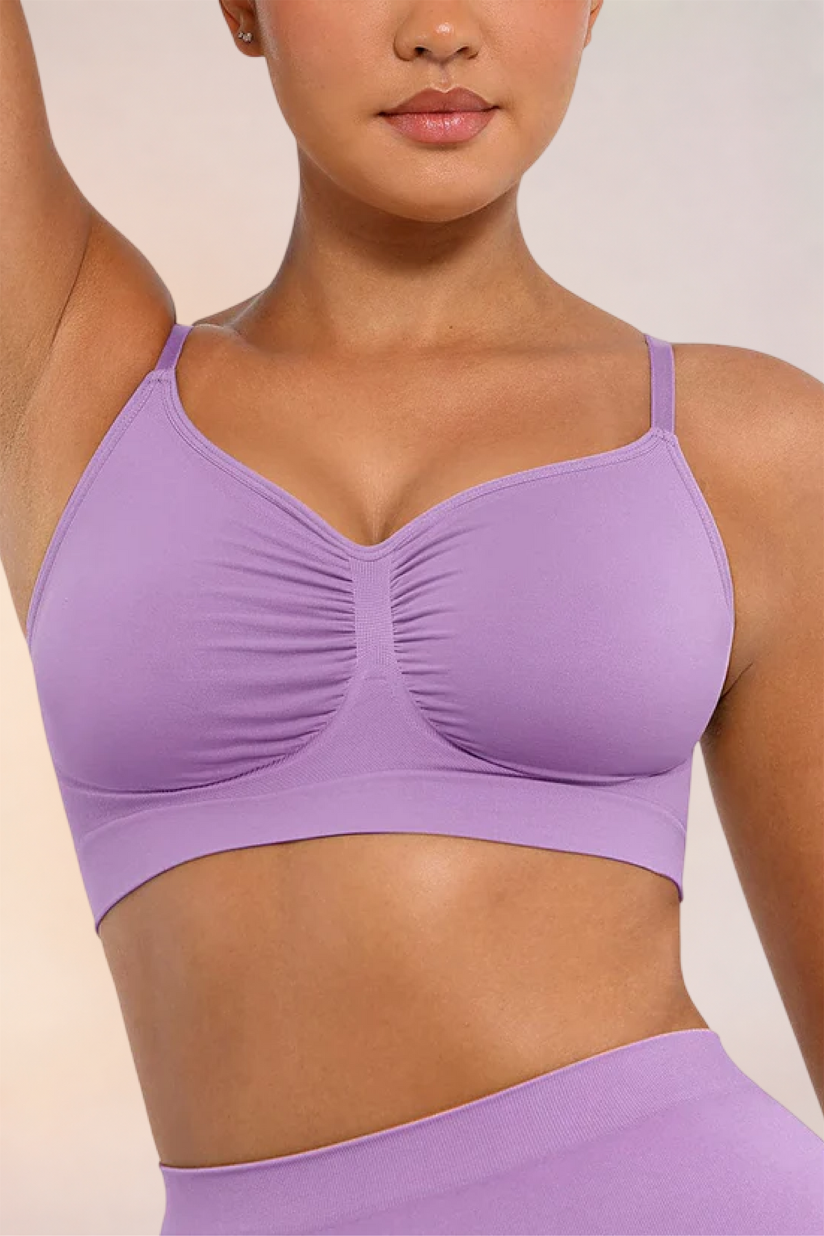Close-up of the ruched centre front on the Skinzform Soutien Bra in Purple