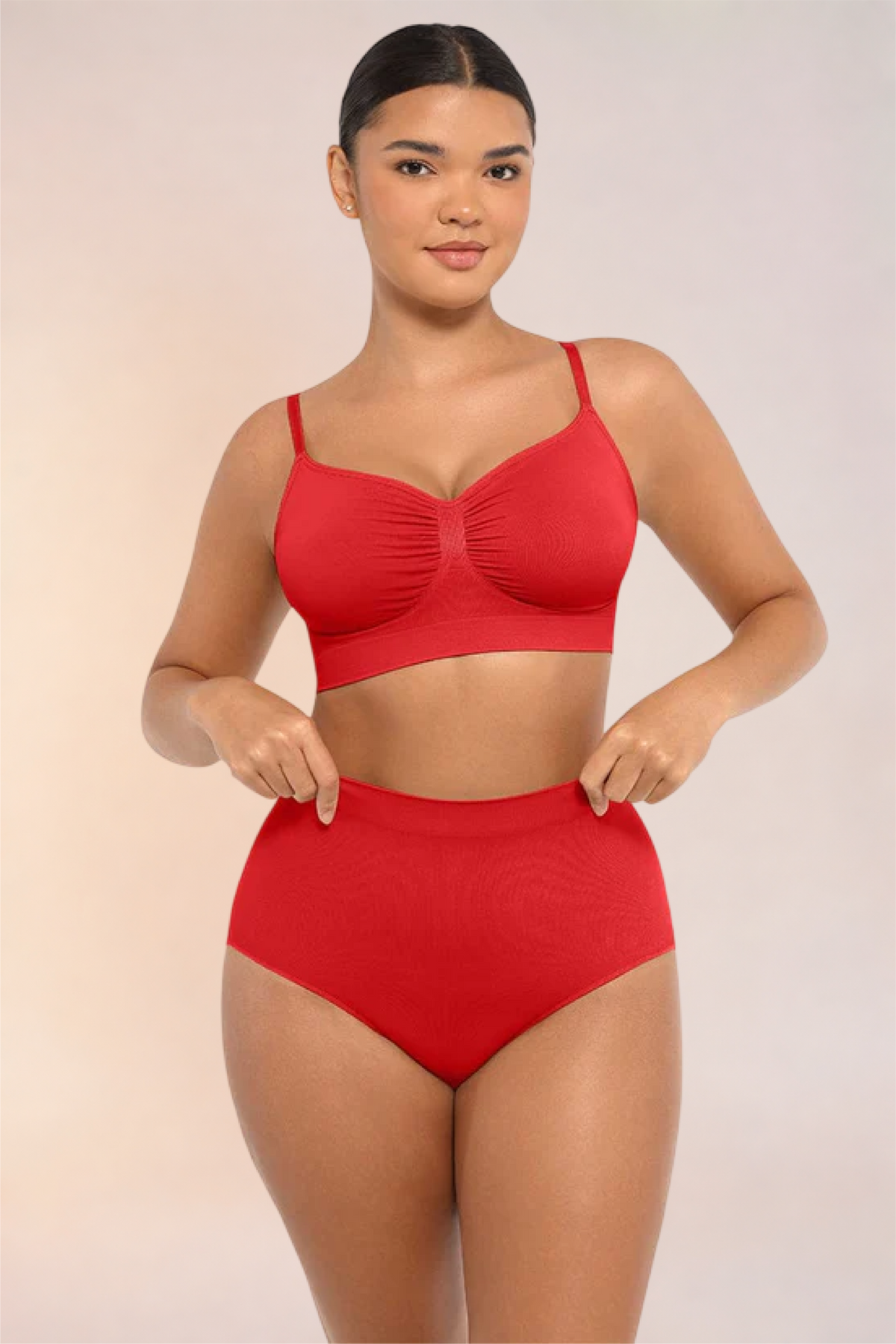 Skinzform Soutien Bra in Red - front view on the model with arms crossed