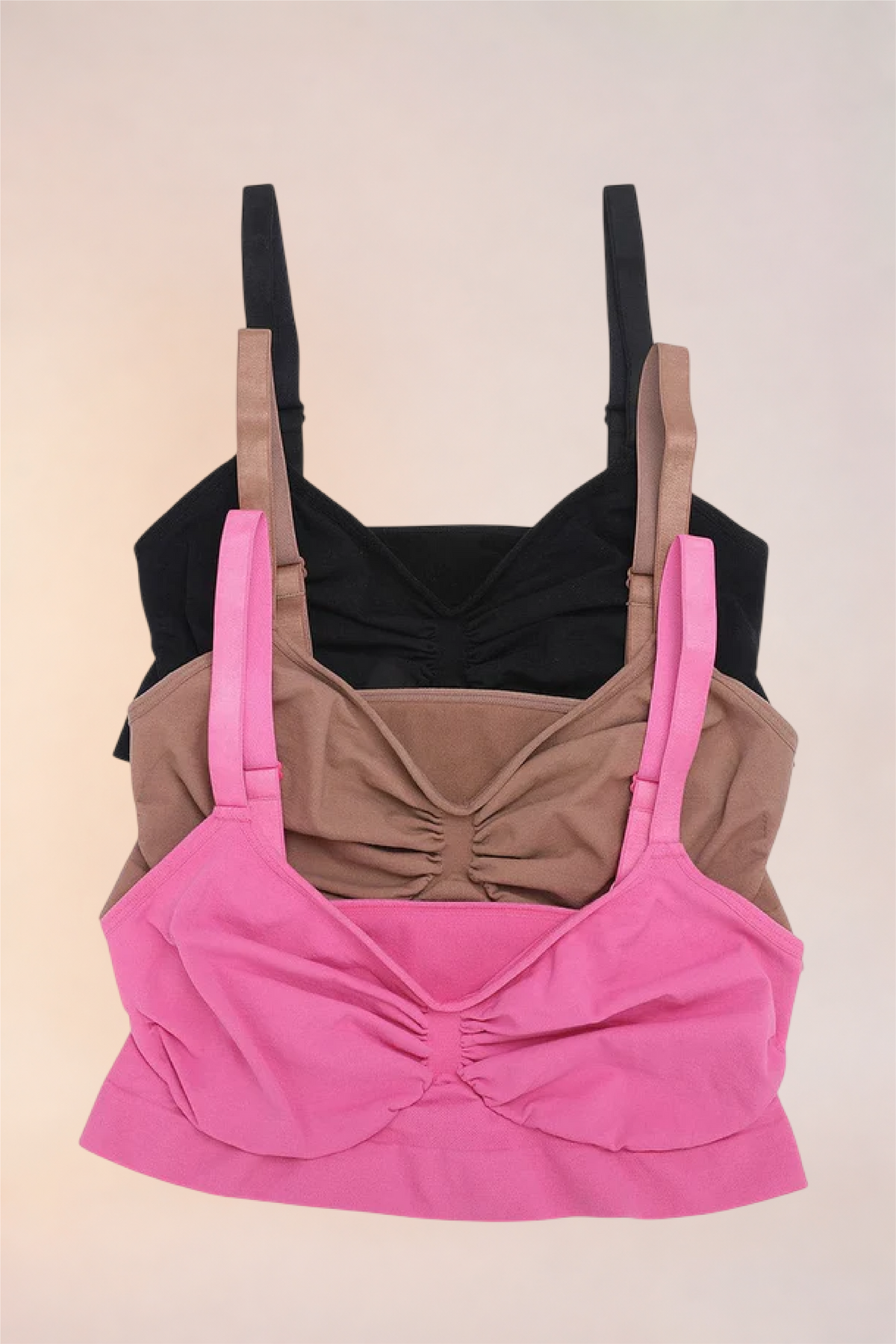 Skinzform Soutien Bra shown in Noir, Tan and Rose side by side
